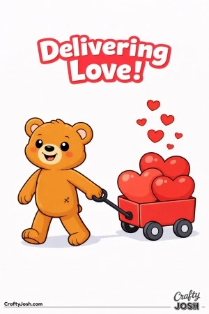 A teddy bear pulls a small wagon filled with large hearts with the words “Delivering Love!” above