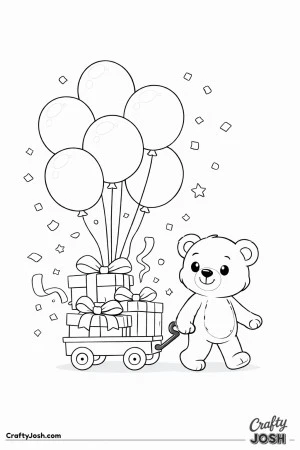A teddy bear pulls a small wagon filled with wrapped presents and oversized balloons rising high above while confetti floats around