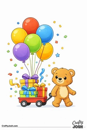 A teddy bear pulls a small wagon filled with wrapped presents and oversized balloons rising high above while confetti floats around
