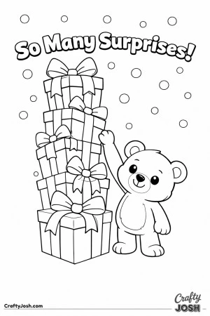 A teddy bear stands beside a tall stack of birthday presents reaching up toward the top gift with confetti floating around