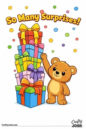 A teddy bear stands beside a tall stack of birthday presents reaching up toward the top gift with confetti floating around