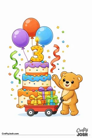 A teddy bear stands beside a tall three-tier birthday cake with a number three candle on top and balloons floating overhead