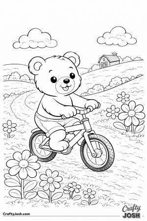 A teddy bear rides a bicycle along a curved country path with rolling hills, oversized flowers, and a simple barn in the distance