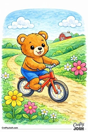 A teddy bear rides a bicycle along a curved country path with rolling hills, oversized flowers, and a simple barn in the distance