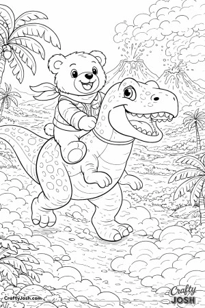 A brave teddy bear rides a friendly dinosaur across a prehistoric valley with volcano mountains in the distance and palm trees framing the scene