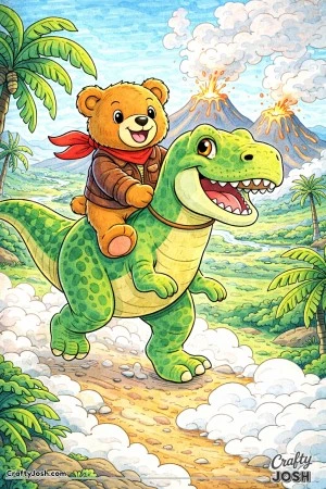 A brave teddy bear rides a friendly dinosaur across a prehistoric valley with volcano mountains in the distance and palm trees framing the scene