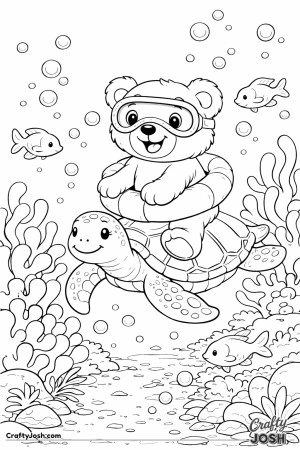 A cheerful teddy bear rides a friendly sea turtle underwater, surrounded by oversized coral, rounded fish, and floating bubbles