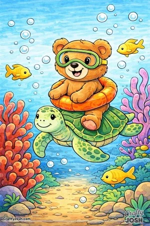 A cheerful teddy bear rides a friendly sea turtle underwater, surrounded by oversized coral, rounded fish, and floating bubbles