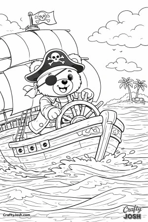 A teddy bear sails a pirate ship across calm rolling waves with large rounded sails above and a distant treasure island on the horizon