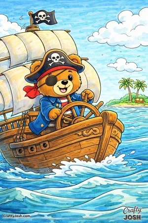 A teddy bear sails a pirate ship across calm rolling waves with large rounded sails above and a distant treasure island on the horizon