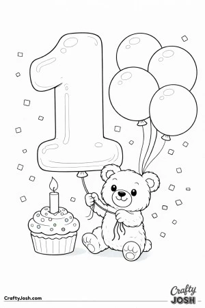 A teddy bear sits at the base of a giant number one balloon while holding the string, with a cupcake and floating balloons nearby