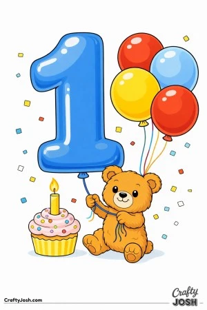 A teddy bear sits at the base of a giant number one balloon while holding the string, with a cupcake and floating balloons nearby