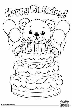 A smiling teddy bear stands behind a large three-tier birthday cake with five candles and balloons floating nearby