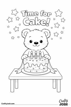 A teddy bear stands behind a simple table with a large birthday cake on top while stars float above and the words “Time for Cake!” appear at the ..