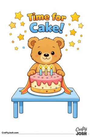 A teddy bear stands behind a simple table with a large birthday cake on top while stars float above and the words “Time for Cake!” appear at the ..