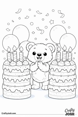 A teddy bear stands between two tall layered birthday cakes with oversized candles while balloons float behind and confetti falls from above