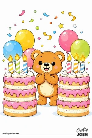 A teddy bear stands between two tall layered birthday cakes with oversized candles while balloons float behind and confetti falls from above