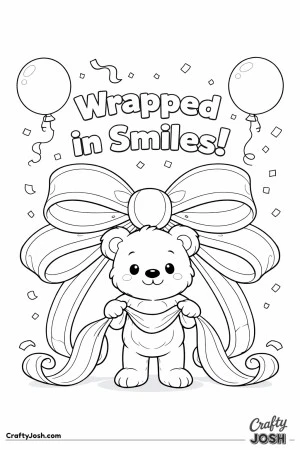 A teddy bear stands in front of a giant gift bow while holding the ribbon tails with the words “Wrapped in Smiles!” above and balloons near the ..