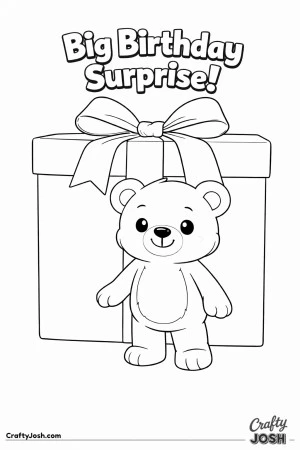 A teddy bear stands smiling in front of a giant wrapped present with a large bow and the words “Big Birthday Surprise!” above