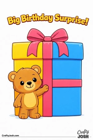 A teddy bear stands smiling in front of a giant wrapped present with a large bow and the words “Big Birthday Surprise!” above