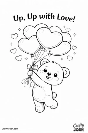 A teddy bear stands on tiptoes holding a bunch of five large heart-shaped balloons with the phrase “Up, Up with Love!” above