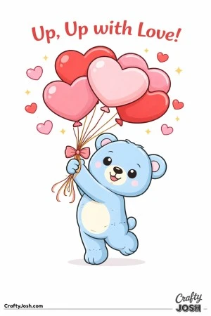 A teddy bear stands on tiptoes holding a bunch of five large heart-shaped balloons with the phrase “Up, Up with Love!” above