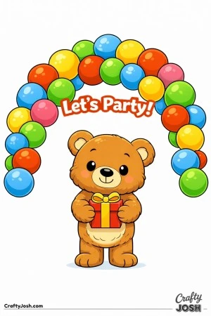 A teddy bear stands centered under a large balloon arch while holding a small wrapped gift, with the phrase “Let’s Party!” above