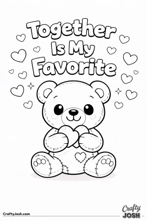 A teddy bear sits holding two connected hearts with “Together Is My Favorite” written above and small floating hearts around the top