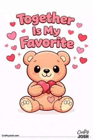 A teddy bear sits holding two connected hearts with “Together Is My Favorite” written above and small floating hearts around the top