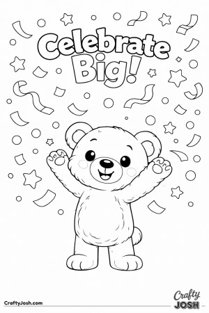 A teddy bear stands with both paws lifted, tossing oversized confetti into the air beneath the phrase “Celebrate Big!”