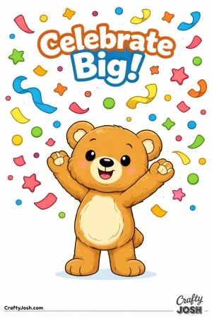 A teddy bear stands with both paws lifted, tossing oversized confetti into the air beneath the phrase “Celebrate Big!”
