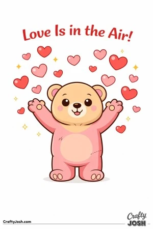 A teddy bear tosses large heart-shaped confetti into the air beneath the phrase “Love Is in the Air!”