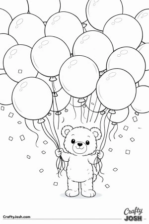 A teddy bear stands in the center holding multiple balloon strings while a huge cluster of oversized balloons cascades above with confetti floating ..