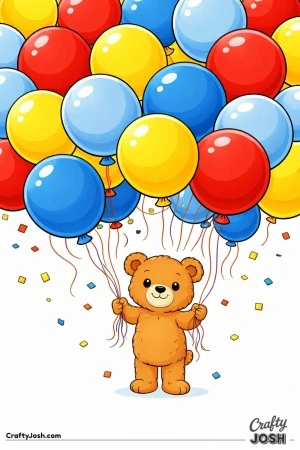 A teddy bear stands in the center holding multiple balloon strings while a huge cluster of oversized balloons cascades above with confetti floating ..