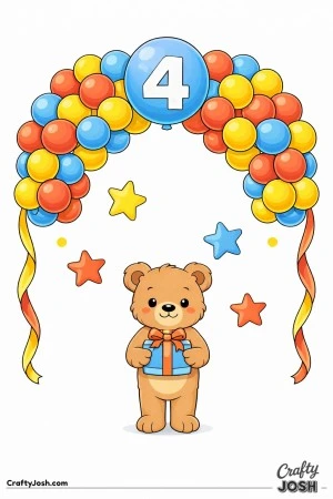 A teddy bear stands beneath a balloon arch shaped around the number four while holding a small wrapped present, with four large stars floating nearby
