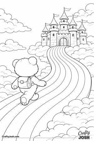 A cheerful teddy bear walks across a wide rainbow bridge toward a large friendly castle surrounded by soft clouds