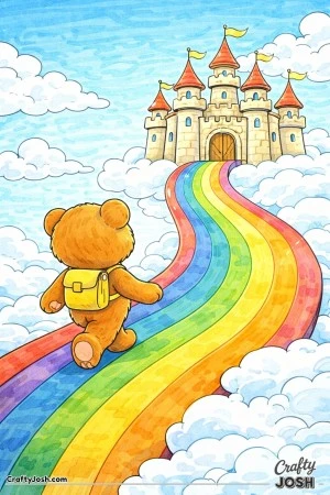 A cheerful teddy bear walks across a wide rainbow bridge toward a large friendly castle surrounded by soft clouds