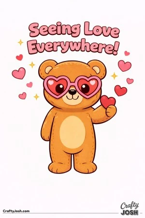 A teddy bear wearing oversized heart-shaped glasses holds a small heart with “Seeing Love Everywhere!” written above and floating hearts around ..