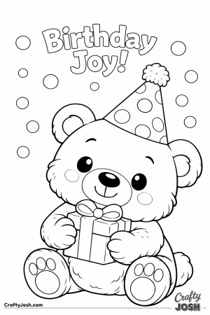 A teddy bear wearing a tall party hat with large polka dots holds a wrapped gift while confetti circles float around and the phrase “Birthday ..