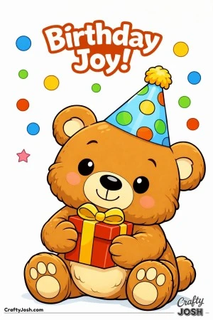A teddy bear wearing a tall party hat with large polka dots holds a wrapped gift while confetti circles float around and the phrase “Birthday ..