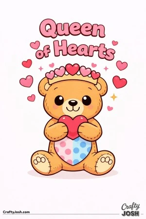A teddy bear wearing a heart-shaped crown holds a heart close to its chest with “Queen of Hearts” written above and small floating hearts around ..
