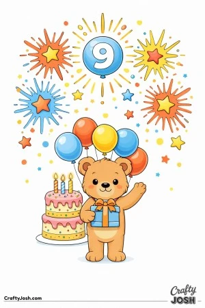 teddy bear 9th birthday, ninth birthday teddy bear, number 9 birthday, confetti burst scene, teddy with birthday cake, birthday balloons, kids 9th ..