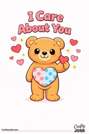 A teddy bear stands holding a small heart with a large polka dot heart on its tummy and “I Care About You” written above