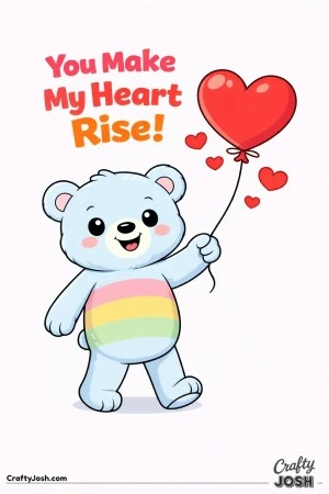 A teddy bear with wide belly stripes holds a heart-shaped balloon with the phrase “You Make My Heart Rise!” above