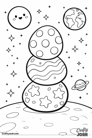 Three decorated eggs are stacked on top of each other in space, surrounded by stars, a smiling moon, a planet with a ring, and the Earth above a ..