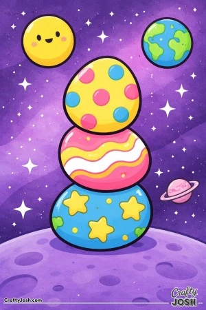 Three decorated eggs are stacked on top of each other in space, surrounded by stars, a smiling moon, a planet with a ring, and the Earth above a ..