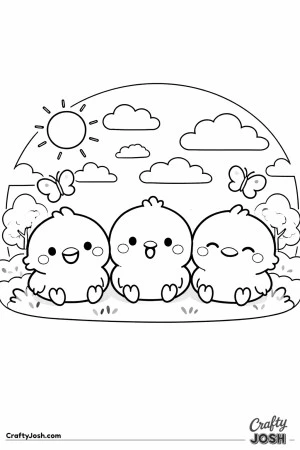 Three fluffy baby chicks sit side by side on the grass while butterflies flutter nearby under a sunny sky with clouds and trees