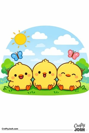Three fluffy baby chicks sit side by side on the grass while butterflies flutter nearby under a sunny sky with clouds and trees