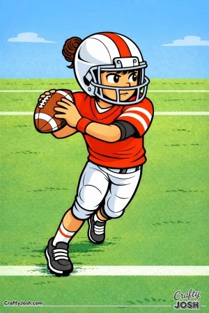 A youth quarterback holds the football near shoulder height while performing a pump fake, glancing to the side as he reads the field