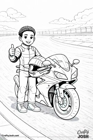 Confident young boy standing beside a race motorcycle and giving a thumbs-up after a successful ride on the track